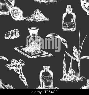 Seamless hand drawn pattern of Ginger roots, lives and flowers in chalk white color isolated on black board background. Retro vintage graphic design B Stock Vector