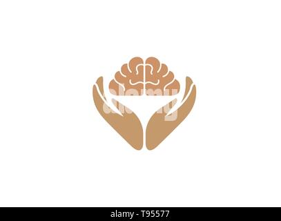 Hands care human brain and knowledge for logo design Stock Vector