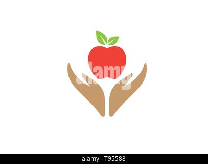 Hands that care for food and nature hold apple for logo design Stock Vector