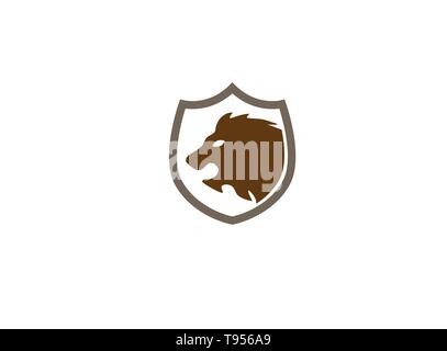 Lion head open mouth  and roaring inside the shield for logo design illustration Stock Vector