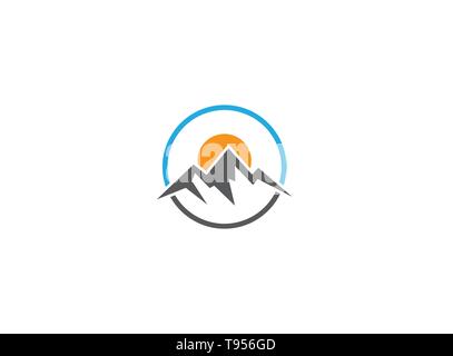 Big mountains with sun up and ice-snow in a circle for logo design Stock Vector