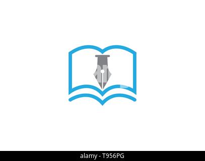 Pen writing in the papers on an open book for logo design Stock Vector