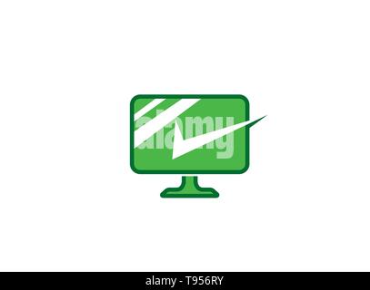 PC with checkmark linear icon a big green computer's screen with check mark  for logo design illustration Stock Vector