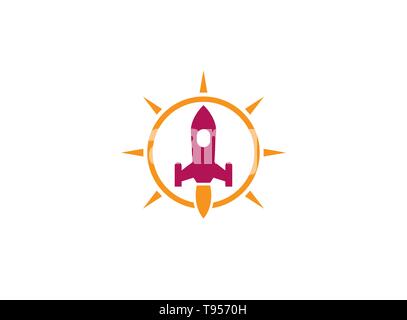 The launch of a rocket with a flame inside a bright sun circle for logo design illustration Stock Vector