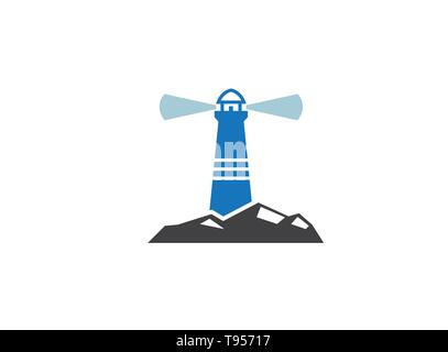 Lighthouse on the island of the middle of the sea for logo design illustration Stock Vector