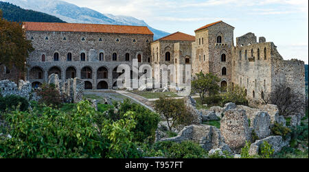 Part of the byzantine archaeological site of Mystras in Peloponnese, Greece. View of the  Despot's Palace and square Stock Photo