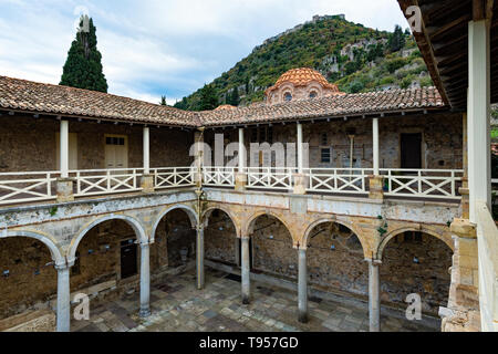 Part of the byzantine archaeological site of Mystras in Peloponnese, Greece. View of the interior courtyard of the Archaeological Museum of Mystras an Stock Photo