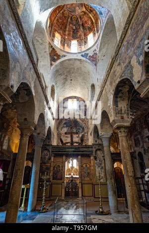 Part of the byzantine archaeological site of Mystras in Peloponnese, Greece. View of the interior of the Metropolis of Saint Demetrios Stock Photo