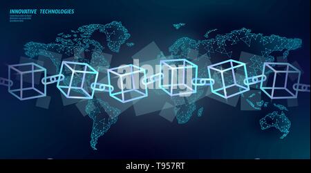 Blockchain cube chain symbol square code. Big data international flow. Blue neon glowing planet Earth map. Cryptocurrency finance bitcoin business Stock Vector
