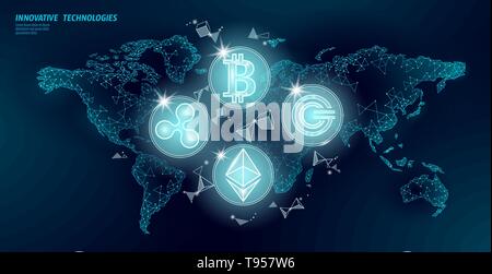 Global international blockchain cryptocurrency. World map low poly modern future finance banking design. Polygonal triangle bitcoin ethereum ripple