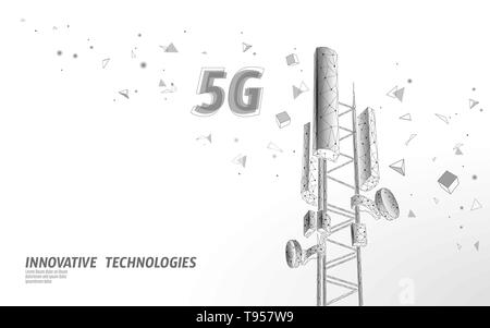 3d base station receiver. telecommunication tower 5g polygonal design global connection information transmitter. Mobile radio antenna cellular vector Stock Vector