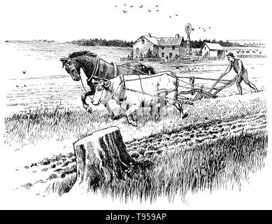 Illustration of a farmer and horse farming plowing farm field with ...