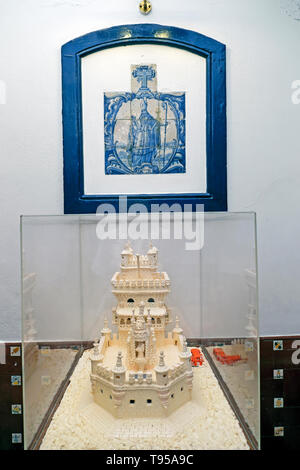 Pasteis de Belem shop interior with a reproduction cake in the form of the Lisbon Tower and azulejos in Belem Lisbon, Portugal, Europe  KATHY DEWITT Stock Photo