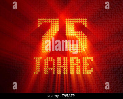 German golden number seventy-five years (number 75 years) dotted font, top view, with light rays. 3D illustration Stock Photo