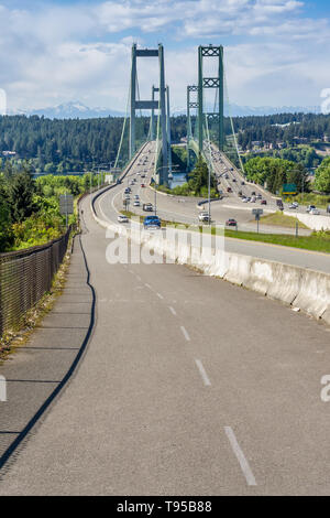 Two suspension bridges known as the Narrows Bridge in Tacoma, Washington. Stock Photo