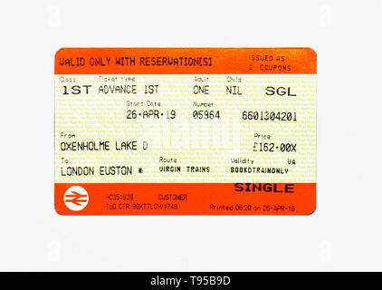 United Kingdom Train Ticket. Oxenholme Lake District to London Euston. 1st. Class. Adult. Advance 1st. Single. Virgin Trains. Price £162.00. Stock Photo