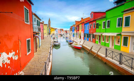 Colorful Fishing Village and Canal of Burano Island in Venice, Italy Stock Photo