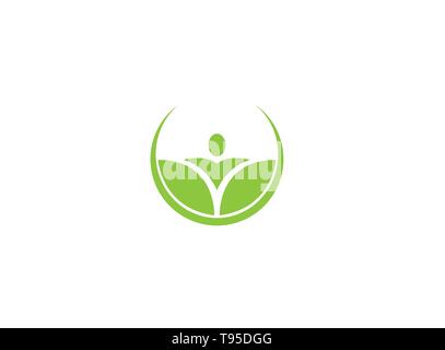 Person hands up in leaves in a circle, creative Yoga symbol for logo design illustration Stock Vector