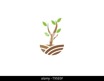 A leafy small tree on a green plateau twigs for logo design illustration Stock Vector