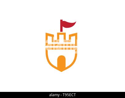 Old Castle Tower in a shield symbol with a flag on the top and big door for logo design illustration Stock Vector