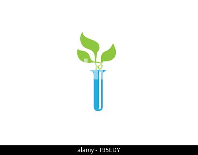 Beaker Lab flask with the chemical substance inside with leaves for logo design Stock Vector