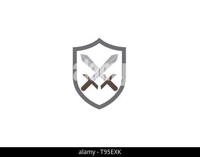 Two swords inside the shield for logo design illustration, security symbol, warrior tools icon Stock Vector