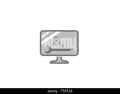 PC with a tool and screw linear icon a big green computer's screen with checkmark  for logo design illustration Stock Vector