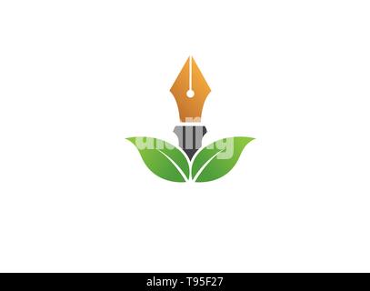 Ink pen and leaf logo design combination. Write and eco symbol or icon, organic leaves logotype illustration Stock Vector