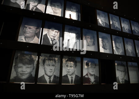 Photographs of people killed while attempting to cross the Berlin Wall, at the Berlin Wall Memorial, Bernauer Strasse, Berlin, Germany. Stock Photo