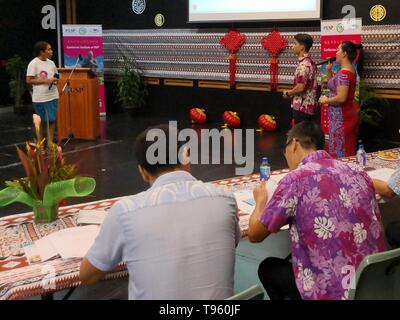 (190517) -- BEIJING, May 17, 2019 (Xinhua) -- Tania Wichham (1st L), 23, answers questions during the 18th regional finals of 'Chinese Bridge' in Suva, capital of Fiji, on May 6, 2019. Tania Wichham finally won the second prize of competition. (Xinhua/Zhang Yongxing) Stock Photo