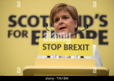 Glasgow, UK. 17th May, 2019. Nicola Sturgeon, First Minister and leader of the Scottish National Party, launches the SNP's European Election Manifesto in the Barras in Glasgow's east end today. The SNP want to stop Brexit and keep ties with our European neighbours and trading partners. Credit: Colin Fisher/Alamy Live News Stock Photo