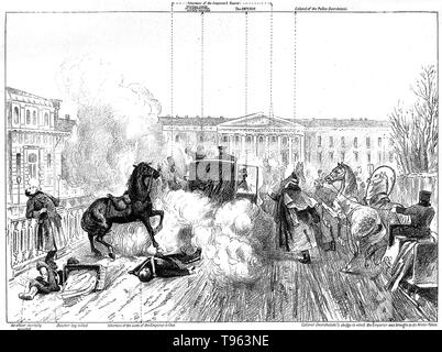 The assassination of Tsar Alexander II: the place outside the Winter Palace in St. Petersburg is strewn with corpses and debris of the bomb-explosion, while Alexander emerges alive from his coach, only to be killed by another bomb shortly afterward. Labeled lithograph. Alexander II (1818 - 1881) was the Emperor of Russia from 2 March 1855 until his assassination on 13 March 1881. He was also the King of Poland and the Grand Duke of Finland. Stock Photo