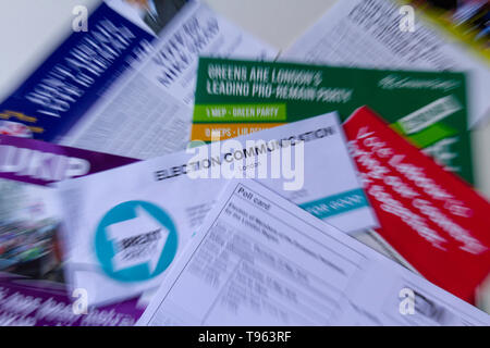 Zoomed in shot of poll card and election material for the European Parliament elections 23rd May 2019; the on/off elections in the UK Stock Photo