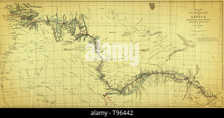 Map showing the route of David Livingstone across central Africa via the Zambesi River to the east coast, 1857. David Livingstone (1813-1873) was a Scottish explorer and medical missionary in Africa. He organized expeditions into the interior of Africa from Botswana, discovered and named Victoria Falls, and located the mouth of the Zambesi River. He mapped much of interior Africa, wrote accounts of the inhabitants, and campaigned against slavery. Stock Photo