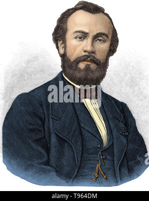 Henri Giffard (February 8, 1825 - April 14, 1882) was a French engineer. He invented the injector and the Giffard dirigible, an airship powered with a steam engine, and weighing over 400 pounds. It was the world's first passenger airship (then known as a dirigible). Both practical and steerable, the hydrogen-filled airship was equipped with a 3 hp steam engine that drove a propeller. Stock Photo