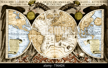 Color enhanced map of the world from Kepler's Tabulae Rudolphinae, quibus astronomicae scientiae, temporum longinquitate collapsae restauratio continetur. The Rudolphine Tables consist of a star catalogue and planetary tables published in 1627 using data from Tycho Brahe's observations. Johannes Kepler (1571-1630) was a German mathematician, astronomer and astrologer. Stock Photo