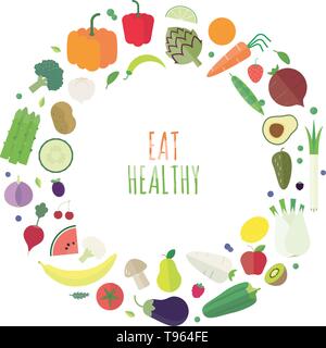 Healthy eating concept. Variety of vegetables and fruit arranged in a circle. Flat design vector illustration. Stock Vector