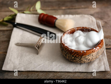 Shaving accessories for men on wooden table Stock Photo