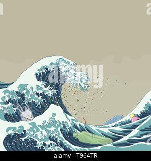 Aquatic plastic pollution concept. Great Wave of microplastic, japanese woodblock printing style vector illustration Stock Vector