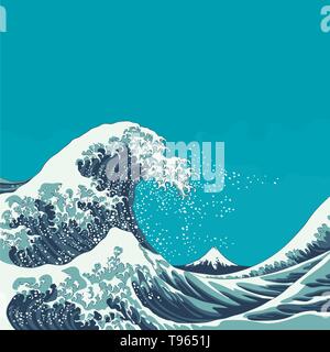 Great Wave and Mount Fuji vintage japanese woodcut style vector illustration Stock Vector
