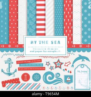 Sea scrapbooking kit. Collection of vector decorative elements and cute papers for creativity, to create scrapbook album or postcard in nautical style Stock Vector