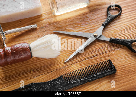 Shaving accessories for men on wooden table Stock Photo