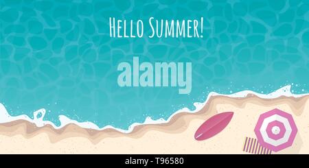 Hello summer beach and ocean high angle view background banner. Vector illustration with beach umbrella, towel and surfboard at the sea shore. Stock Vector