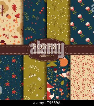 Forest seamless patterns with hand drawn animals, flowers and plants. Set of cute nature textiles in blue, green, red and beige colors. Vector. Stock Vector