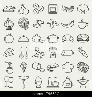 Food, culinary and cooking line icons. Healthy and junk food, fruit and vegetables, seafood, spices and utensil. Set of black symbols. Stock Vector