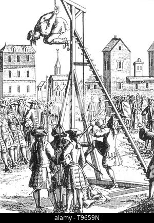 The strappado is a form of torture wherein the victim has his or her arms tied behind their back; a large rope is then tied to the wrists and passed over a pulley, beam, or a hook on the roof. The torturer pulls on this rope until the victim is hanging from the arms. Since the hands are tied behind the victim's back, this will cause a very intense pain and possible dislocation of the arms. Stock Photo