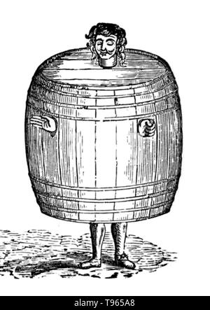 A Drunkard's cloak was a type of pillory used in various jurisdictions to punish miscreants. The drunkard's cloak was actually a barrel, into the top of which a hole was made for the head to pass through. Two smaller holes in the sides were cut for the arms. Once suitably attired, the miscreant was paraded through the town, effectively pilloried. Drunkenness was first made a civil offense in England by the Ale Houses Act 1551, or 'An Act for Keepers of Ale-houses to be bound by Recognisances'.