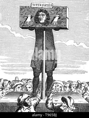 Titus Oates (September 15, 1649 - July 12/13, 1705) was an English perjurer who fabricated the Popish Plot a fictitious conspiracy concocted between 1678-81 that gripped the Kingdoms of England and Scotland in anti-Catholic hysteria. Oates alleged that there existed an extensive Catholic conspiracy to assassinate Charles II, accusations that led to the executions of at least 22 men. His web of accusations soon unravelled. He was arrested for sedition, sentenced to a fine and thrown into prison. Stock Photo