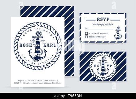 Nautical wedding invitation cards with anchor and lighthouse. Elegant templates in white and blue colors. Vector collection for sea wedding party. Stock Vector