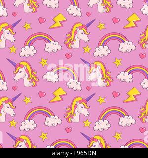 Dreamy pattern with unicorns and rainbows. Cute seamless background in pastel colors. Vector illustration. Stock Vector